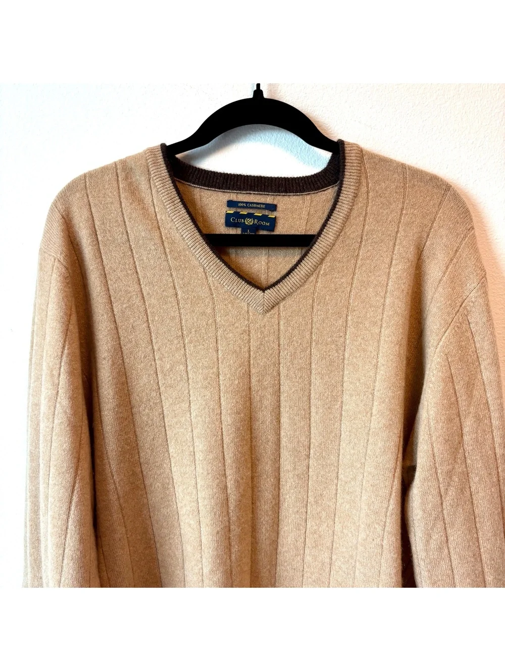 Club Room 100% Cashmere V-Neck Sweater Men’s Large Camel Tan Ribbed Knit Fall